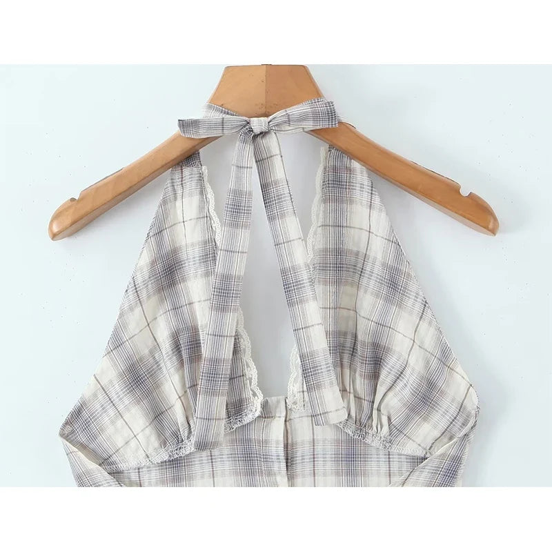 Sexy Backless Halter Plaid Dresses