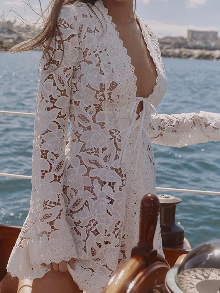 Spring Summer Vacation Casual Bohemian Dresses White Lace Hollowed Out Beach Mini Dresses