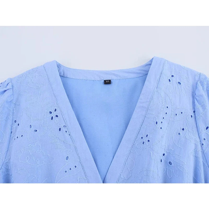 Spring Sky Blue Hollow Out Embroidery Short Dresses