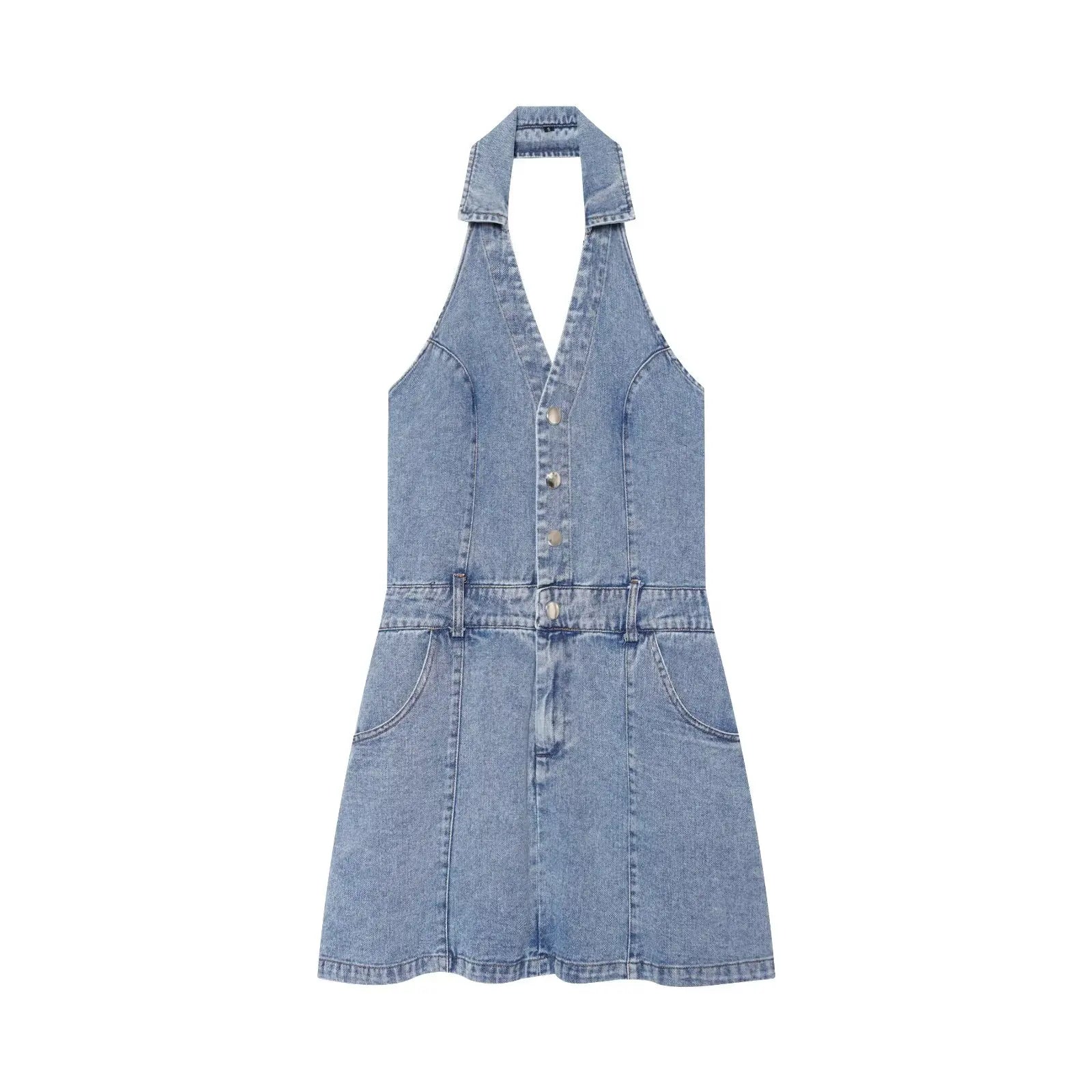 Light Blue Denim Halter Mini Dresses