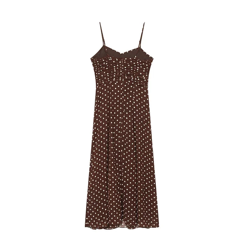 Summer Brown Polka Dot Spaghetti Strap Ruched Front Chiffon Midi Dresses