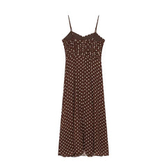 Summer Brown Polka Dot Spaghetti Strap Ruched Front Chiffon Midi Dresses