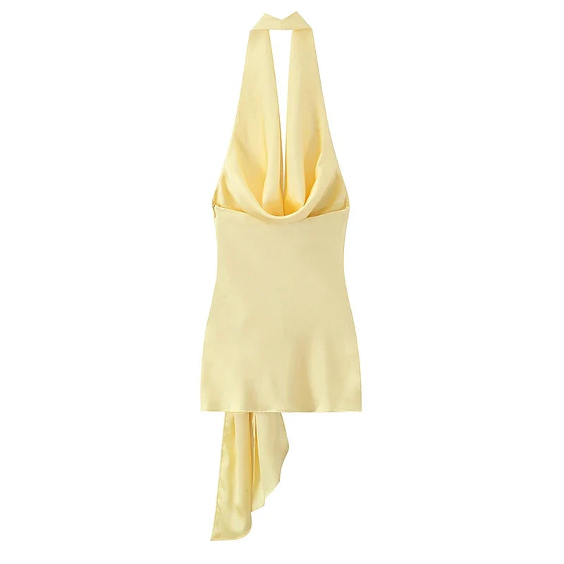 Sexy Backless Yellow Satin Mini Dresses Halter Tie Waist Cocktail Party Summer Vestidos