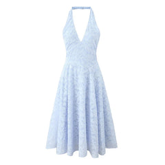 Sexy Backless Blue Jacquard Halter Holiday DressElegant A-line Midi Low Waist Summer Dresses Beach Robe