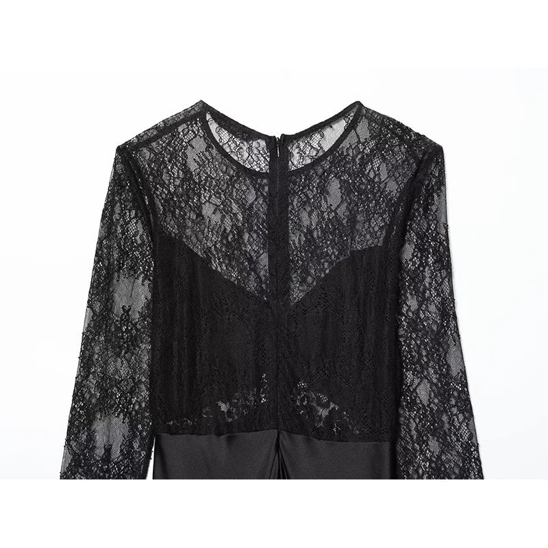 Lace Patchwork Black Satin Long Dresses