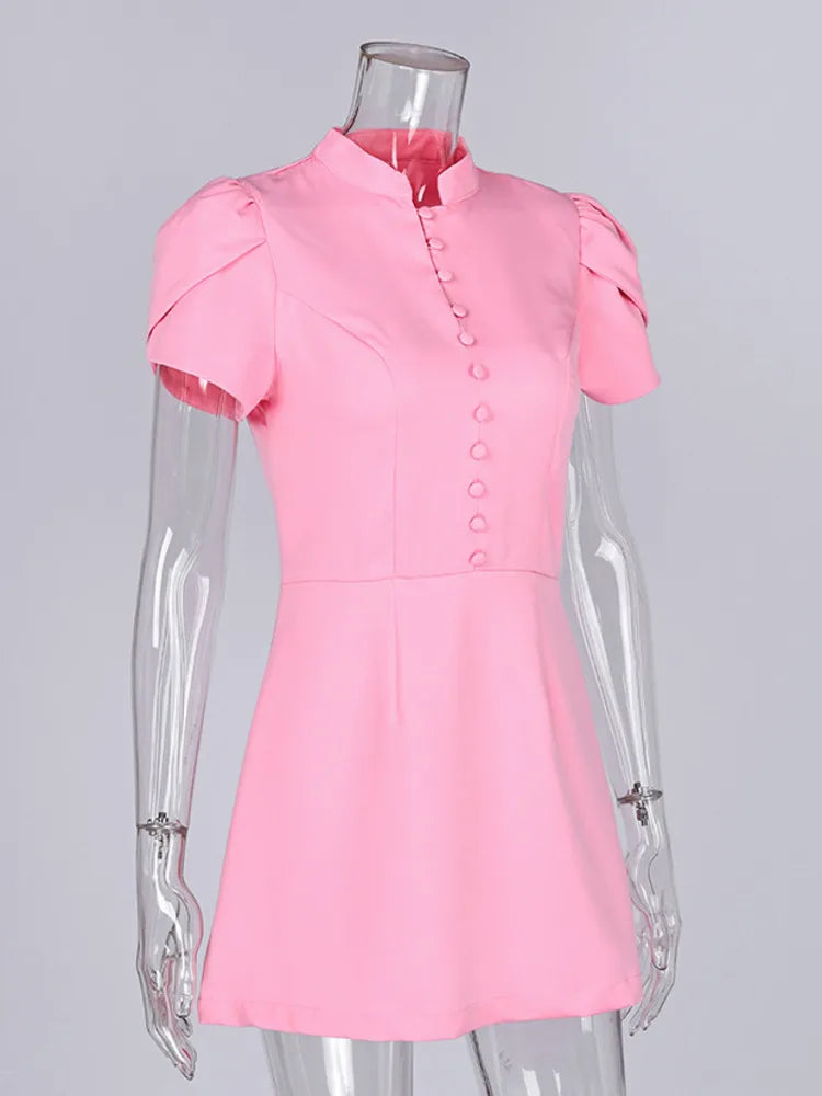 Summer Stand Up Collar Bubble Sleeve High Waisted Dresses