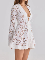 Spring Summer Vacation Casual Bohemian Dresses White Lace Hollowed Out Beach Mini Dresses