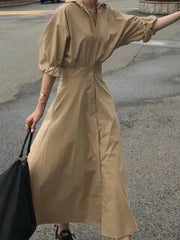 Retro Street Lapel Long Sleeve Shirts Dresses Autumn Slimming Waist Maxi Dresses 19DB2620