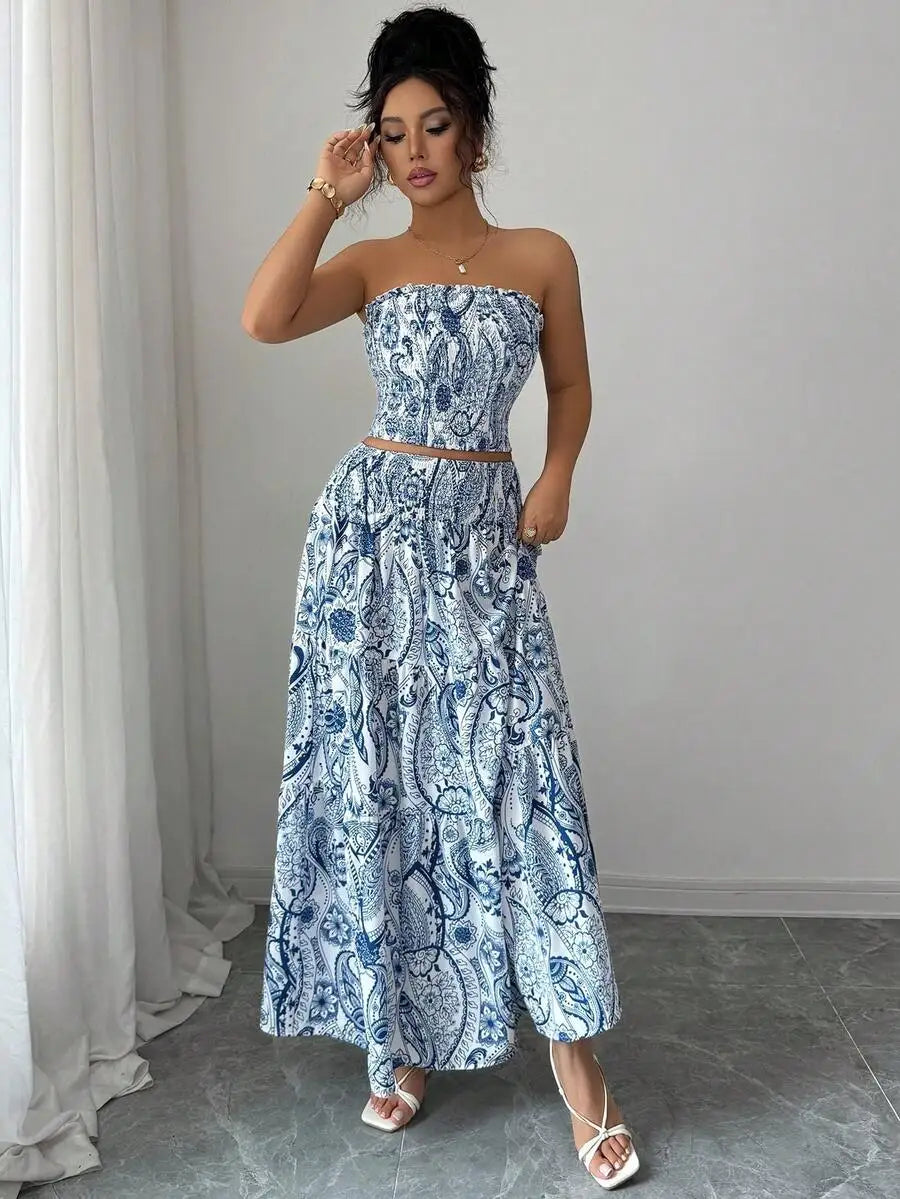 All-Over Print Strapless Casual Elegant Beach Wedding 2 Pieces Set (Top And Skirt) Summer