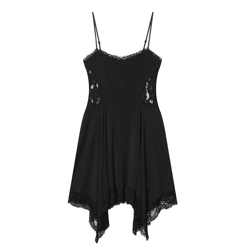 Summer Black Sling Short Dresses Lace Trim Asymmetric Hem Casual Sexy Vestidos