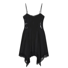 Summer Black Sling Short Dresses Lace Trim Asymmetric Hem Casual Sexy Vestidos