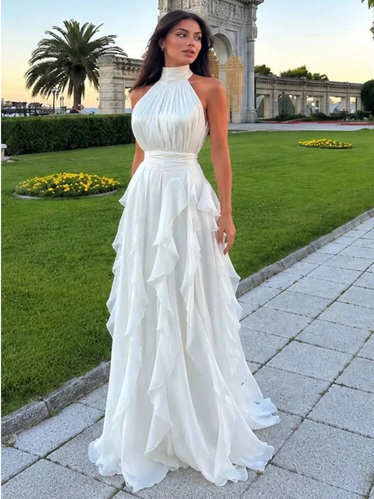 Elegant Waist-Cinching Ruffle Hem Long Sleeveless Dresses