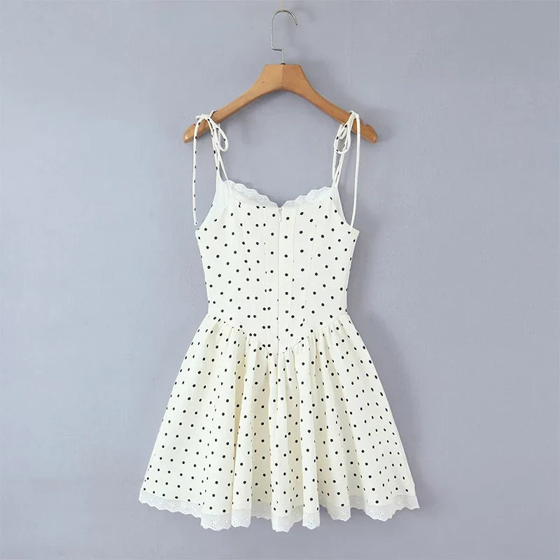 Sexy Sweet Girls Lace Trim Polka Dot Sling Mini Dresses Summer Low Waist A-line Vacation Party Dress