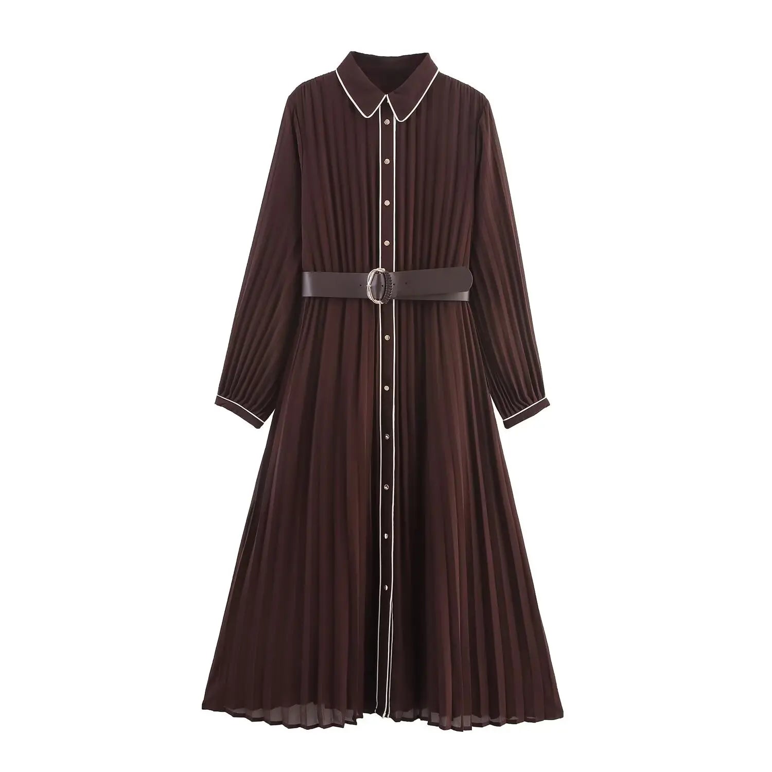 Brown With Belt Pleated Midi Dresses