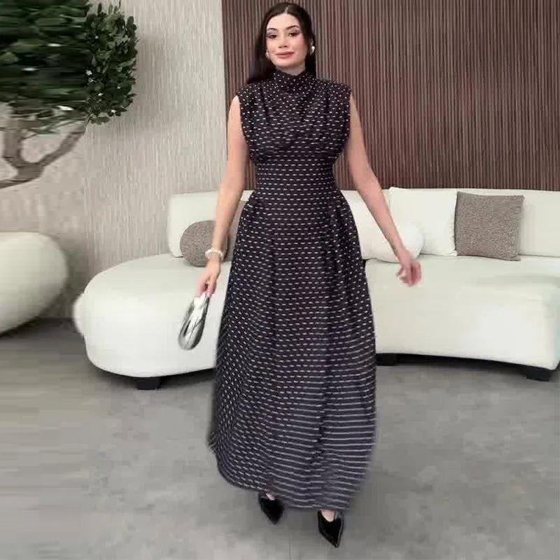 Office Lady Wave Point Stand Up Collar Bandage Sleeveless Waist Cinched Dresses