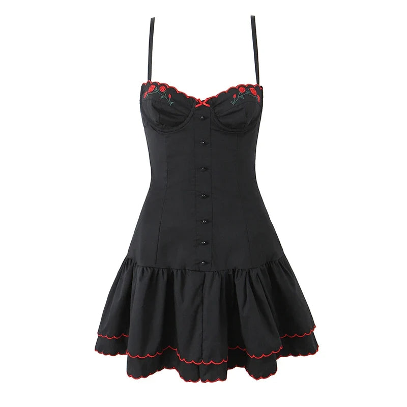 Sexy Floral Embroidery Spaghetti Straps Dresses Summer Female A-line Holiday Party Robe Lace Up Vestidos Black Pink