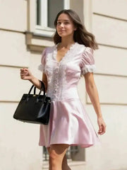 Satin V-neck Bubble Sleeve Lace Patchwork Dresses