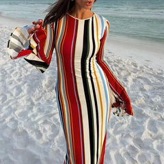 Female O Neck Long Sleeved Hem Party Dresses