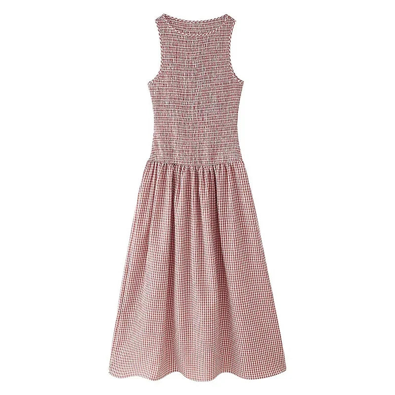Summer O Neck Sleeveless Vintage Casual Plaid Dresses Fit And Flare Summer Midi Long Dresses Female Vestidos