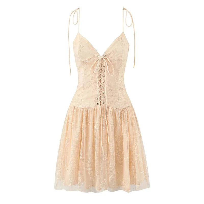 Spice Girls Lace Embroidery Sling Mini Dresses Front Lace Up V Neck Low Waist Summer Sexy Dress