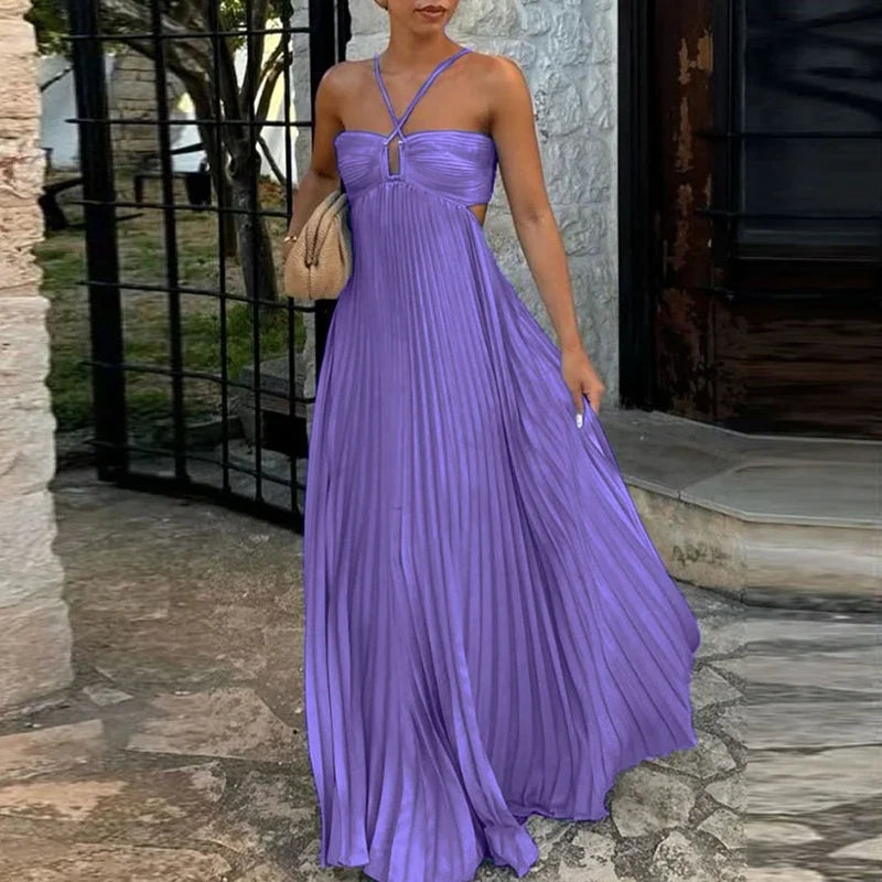 Blue High Waist Pleats Robe Dresses