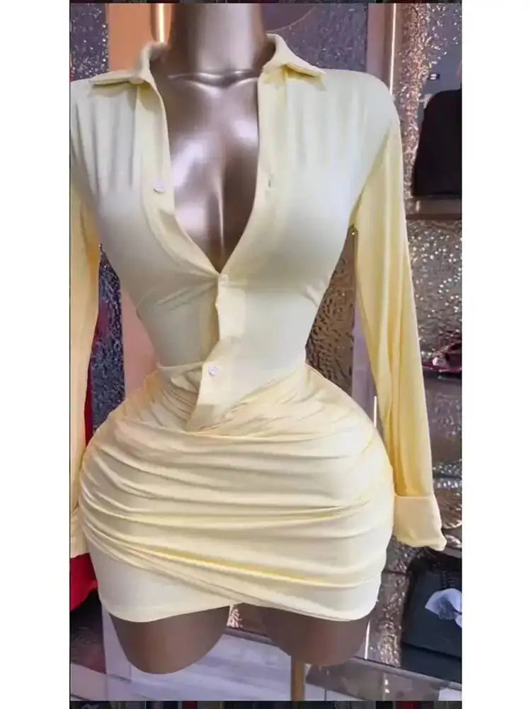 Lapel Collar Wrap Ruched Bodycon Mini Dresses