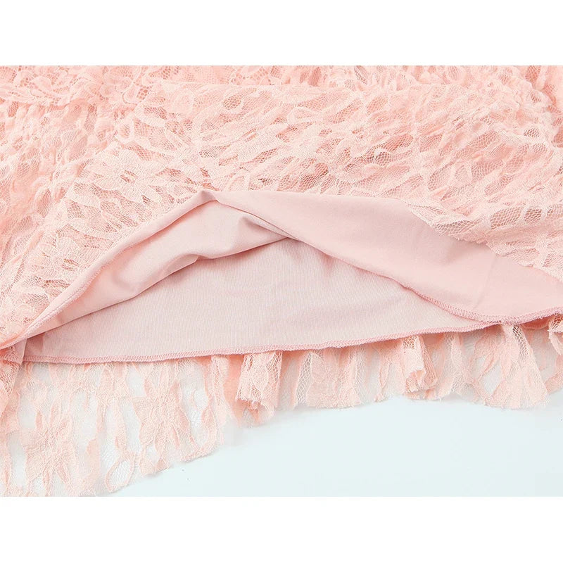 Asymmetrical Hem Pink Ruffle Lace Dresses