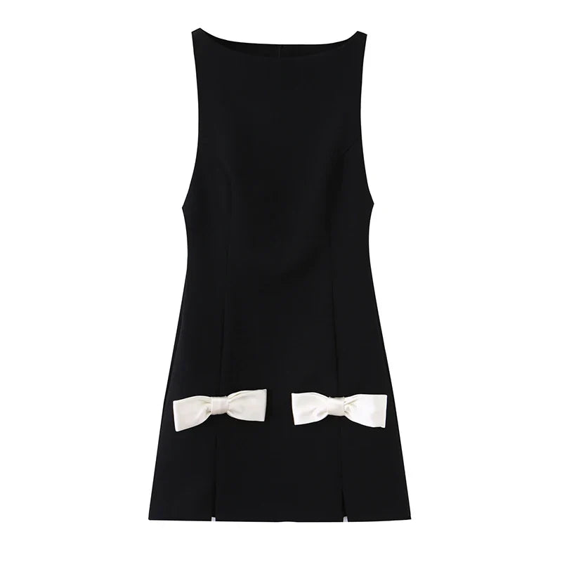 Contrast Bow Black Mini Dresses