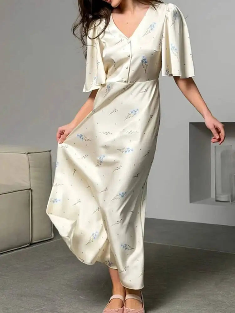 Sweet Printed Satin V-neck Short Sleeved Waist Cinched Dresses