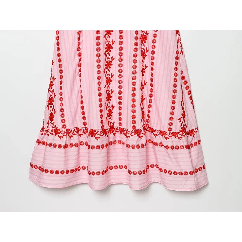 Boho Pink Floral Embroidery Hollow Out Midi Dresses