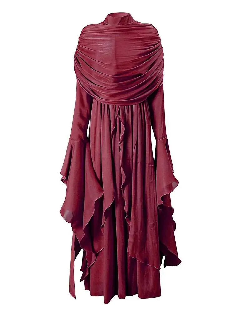 Autumn Wine Color Clothing Irregular Pleated Ruffled Elegant Long Dresses