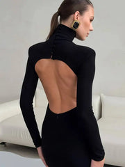 Temperament High Neck Long Sleeved Backless Waist Cinched Slim Fit Dresses