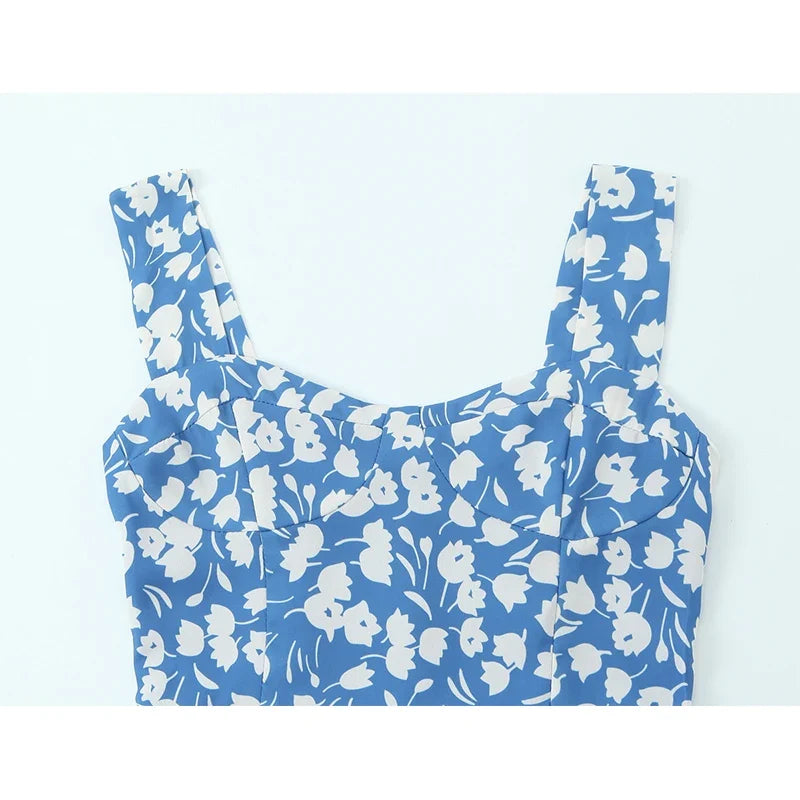 Sexy Hem Slit Blue Floral Print Tank Dresses