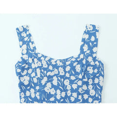 Sexy Hem Slit Blue Floral Print Tank Dresses