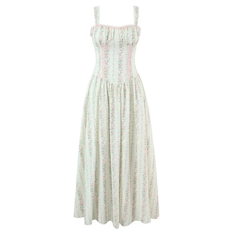 French Style Romantic Floral Print Elegant Sling Long Dresses