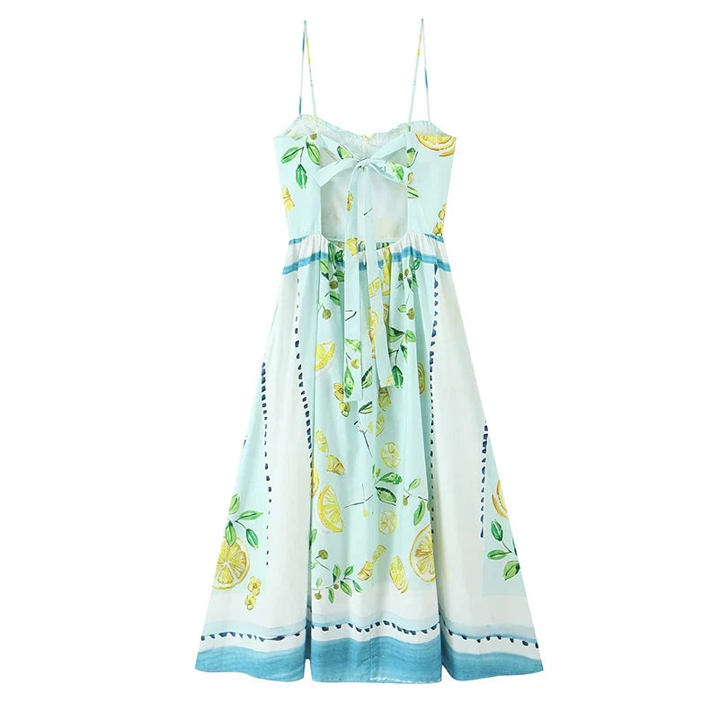 Sexy Adjustable Spaghetti Straps Lemon Print Summer Dresses