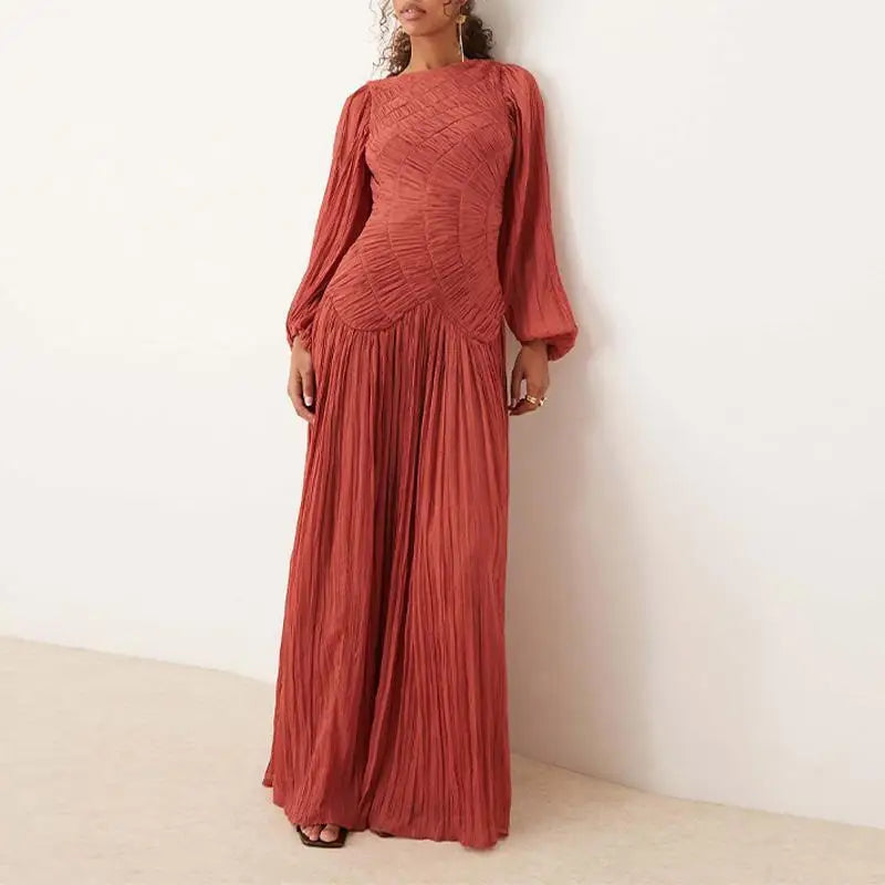 Autumn Summer Pleated Pullover Elegant Ruched Waist Glass Sand Long Sleeve Dress