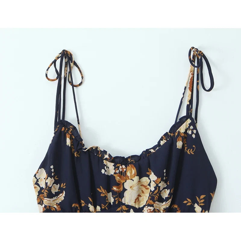 French Vacation-style Floral Print Slim Fit Sling Dresses