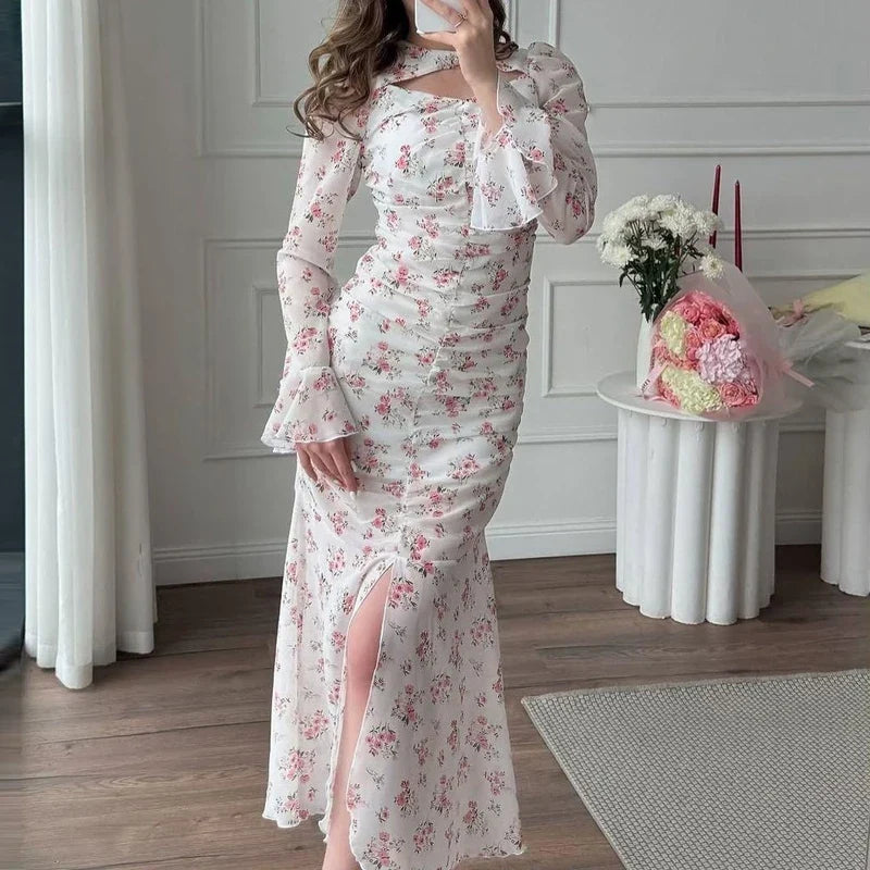 Sweet Casual Long Dresses Flare Sleeve Design Spring Summer Holiday Dresses