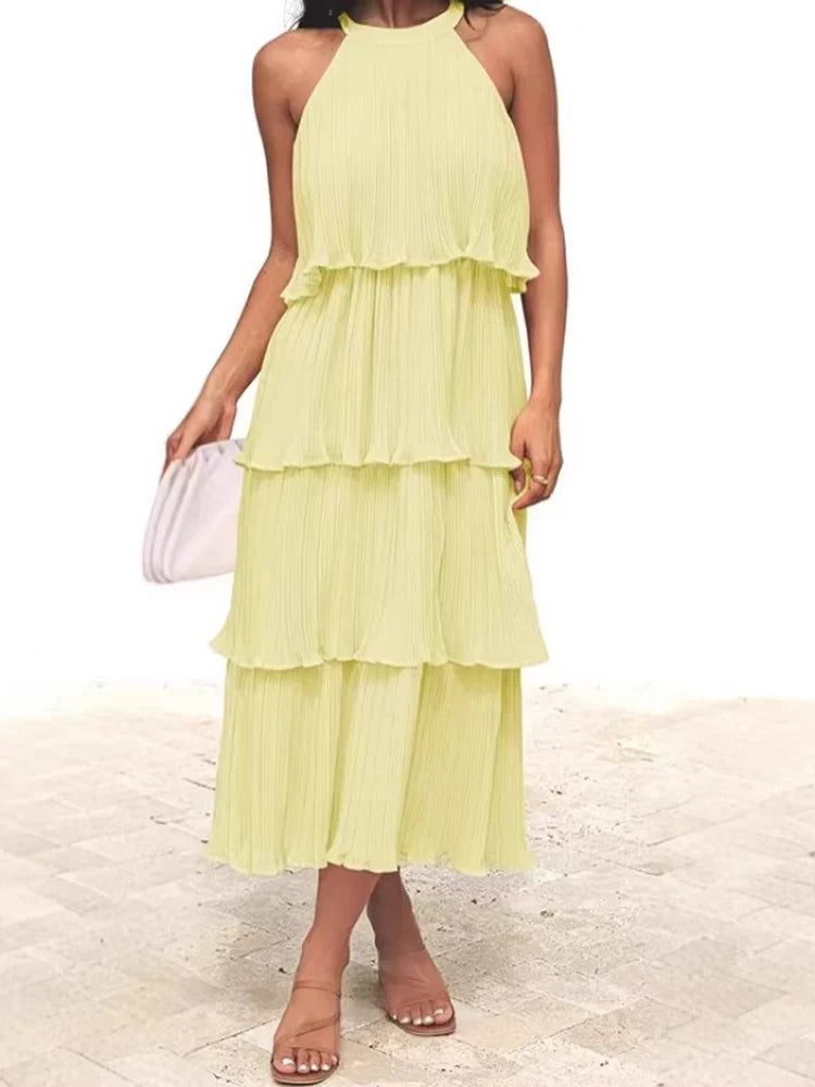 Summer Halter Neck Sleeveless Chiffon Ruffle Elegant Dresses