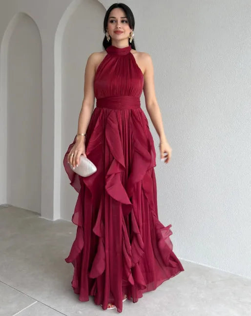 Elegant Waist-Cinching Ruffle Hem Long Sleeveless Dresses