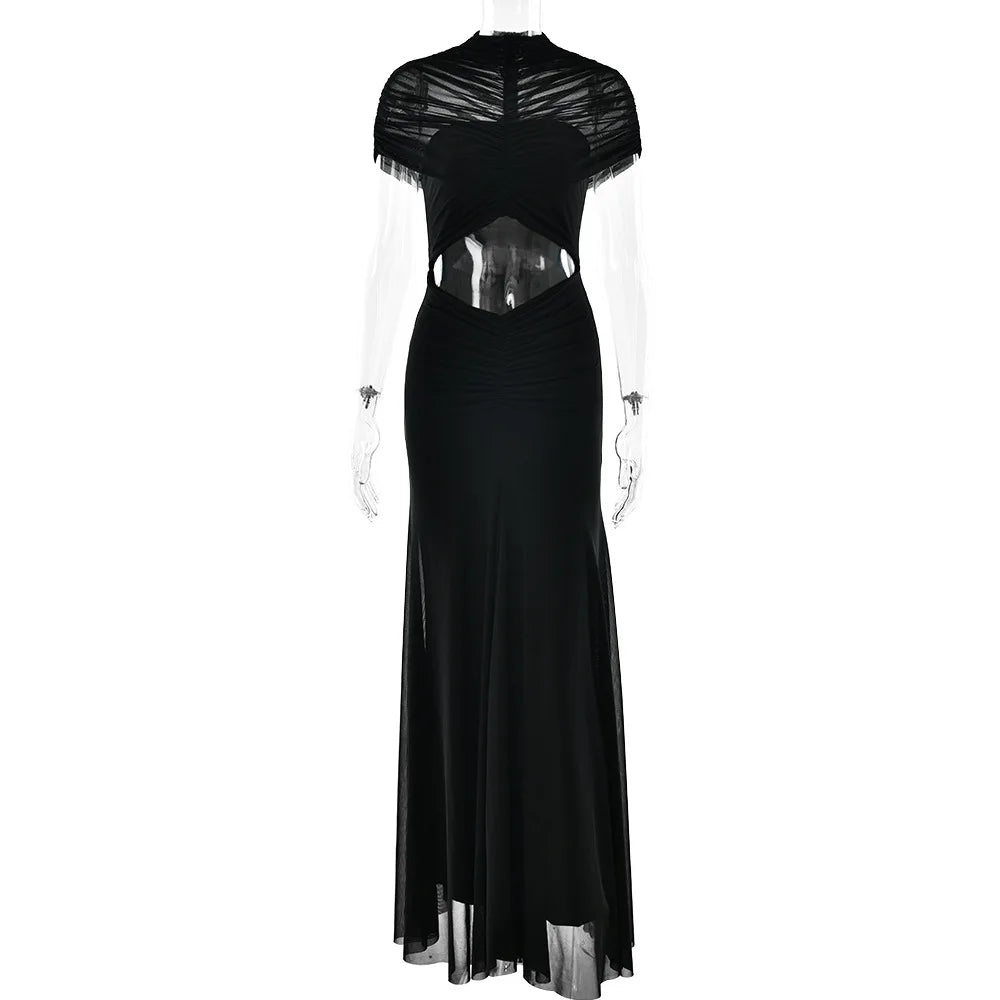 Fashionable Round Neck Patchwork Pleated Waist Exposed Navel Dresses