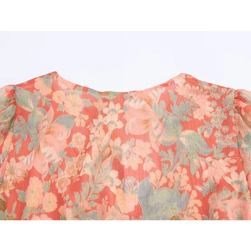 Vintage Puff Sleeve V Neck Floral Print Short Dresses