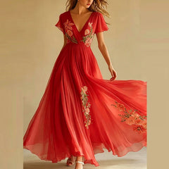 V-neck Floral Printed Chiffon Maxi Dresses