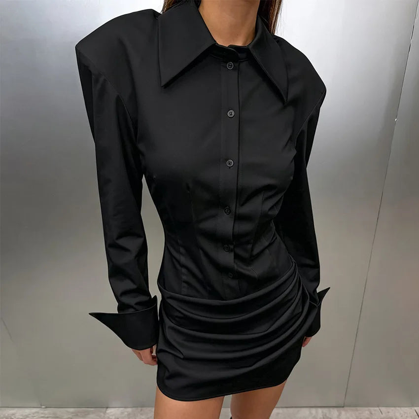 Fashionable Lapel Long Sleeved Pleated Waist Dresses