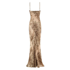 Elegant Golden Printed Satin Spaghetti Strap Maxi Dresses
