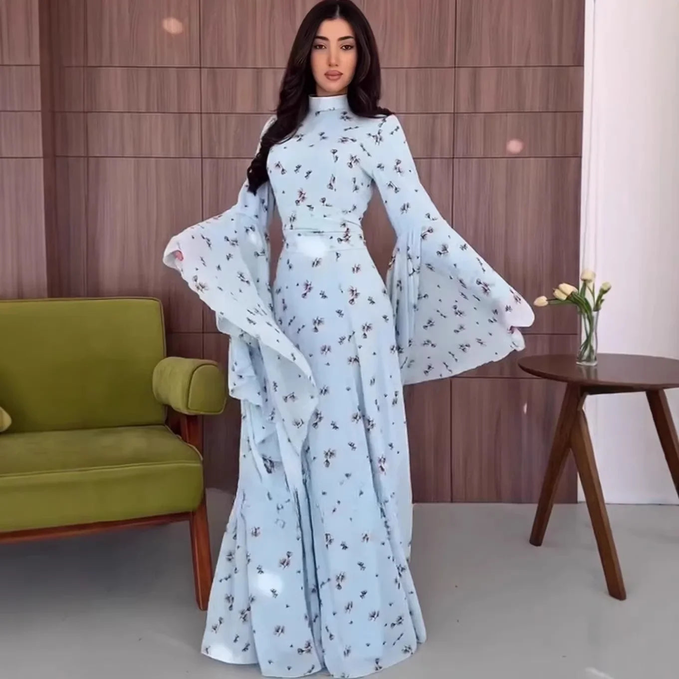 Summer Turtleneck Long Flare Sleeves Printing Elegant Waist-Cinching Formal Dresses