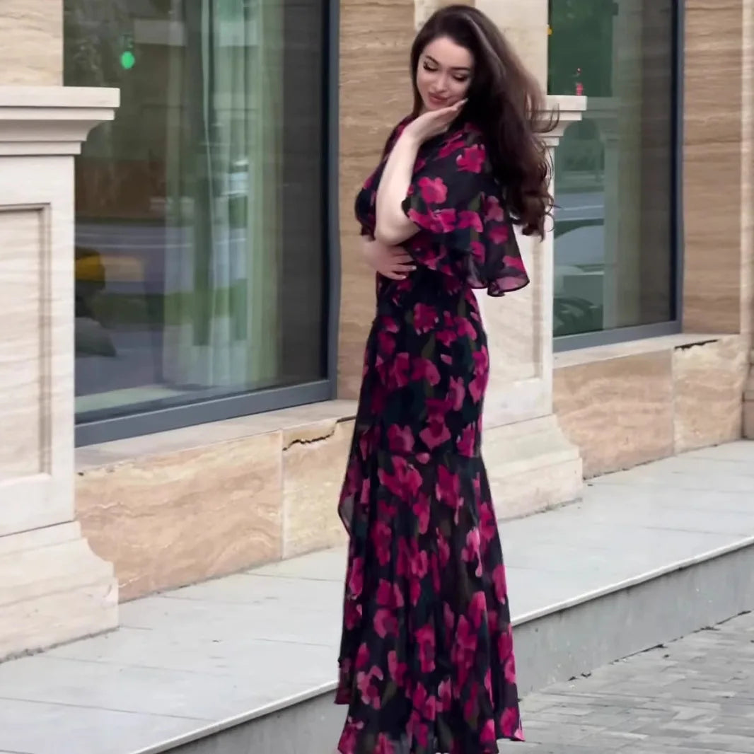 Summer Printed Flare Sleeves Slim Pullover Dresses
