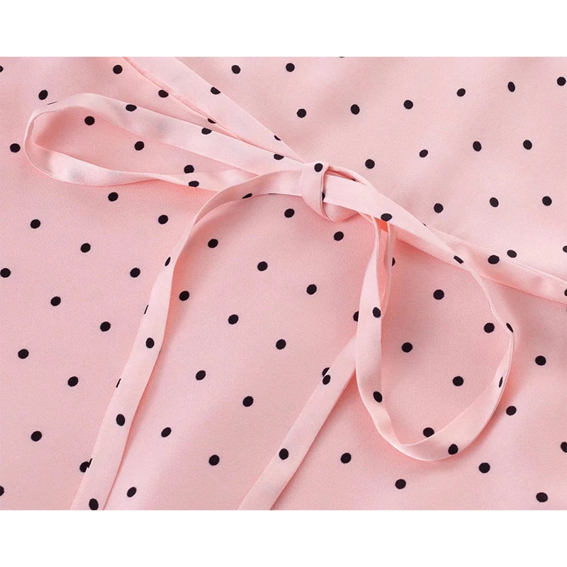 Pink Dot Print Elegant Long Dresses Lace Trim V Neck Short Sleeve A-line Summer Dresses