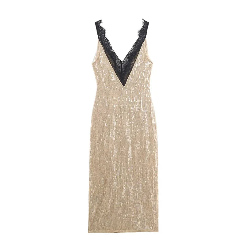 Romantic Lace Trim Sequin Dresses For Backless V Neck Sleeveless Party Sexy Dresses
